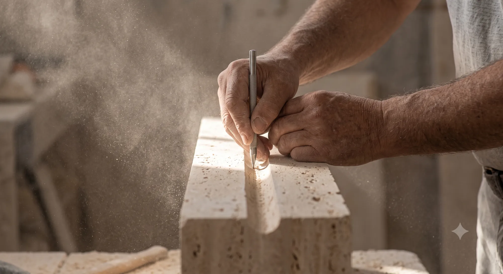 Hand-scoring a flute into raw Roman travertine