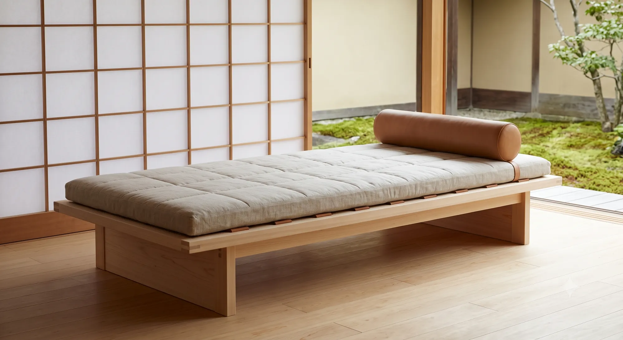 Kyoto Low Platform Daybed in Natural Hinoki & Saddle Tan