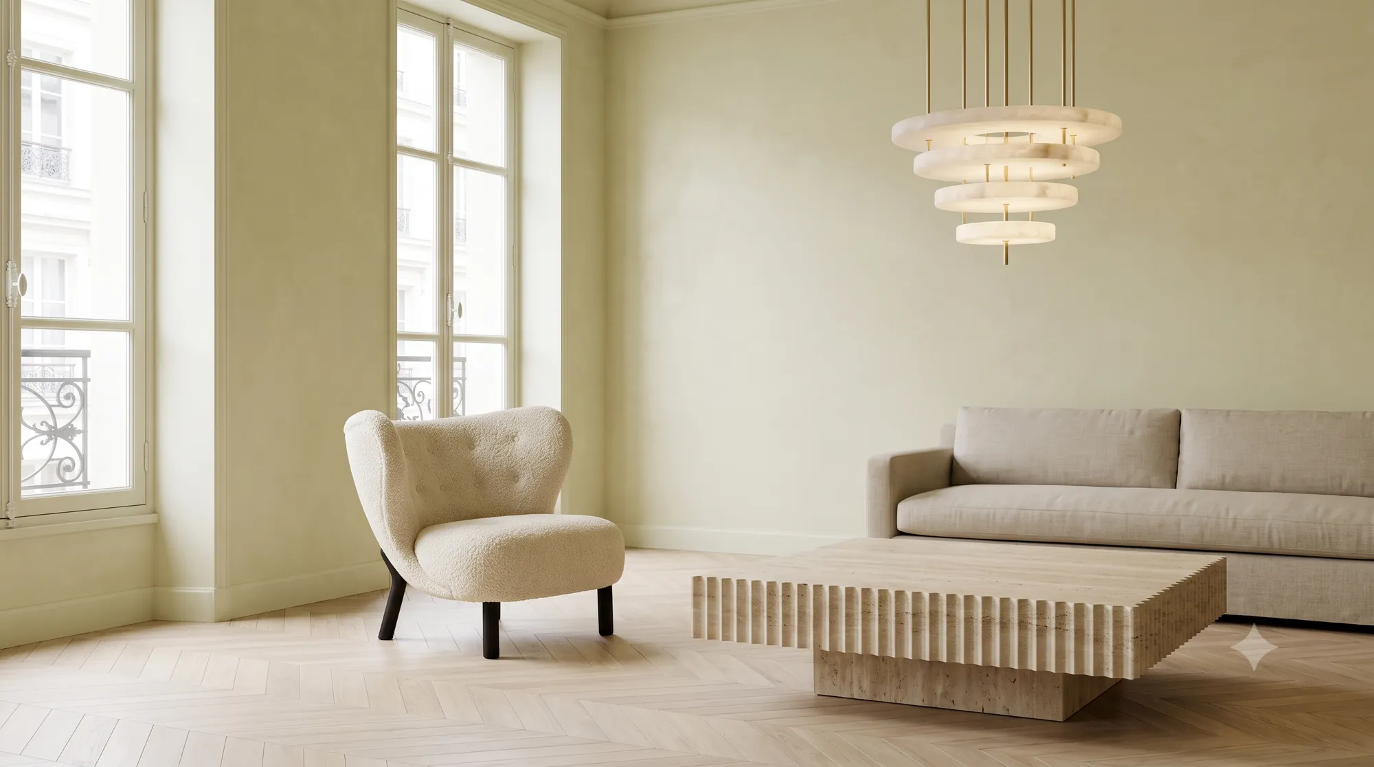 Paris living room with the Sölva table, a Kanso lounge chair and the Aura chandelier