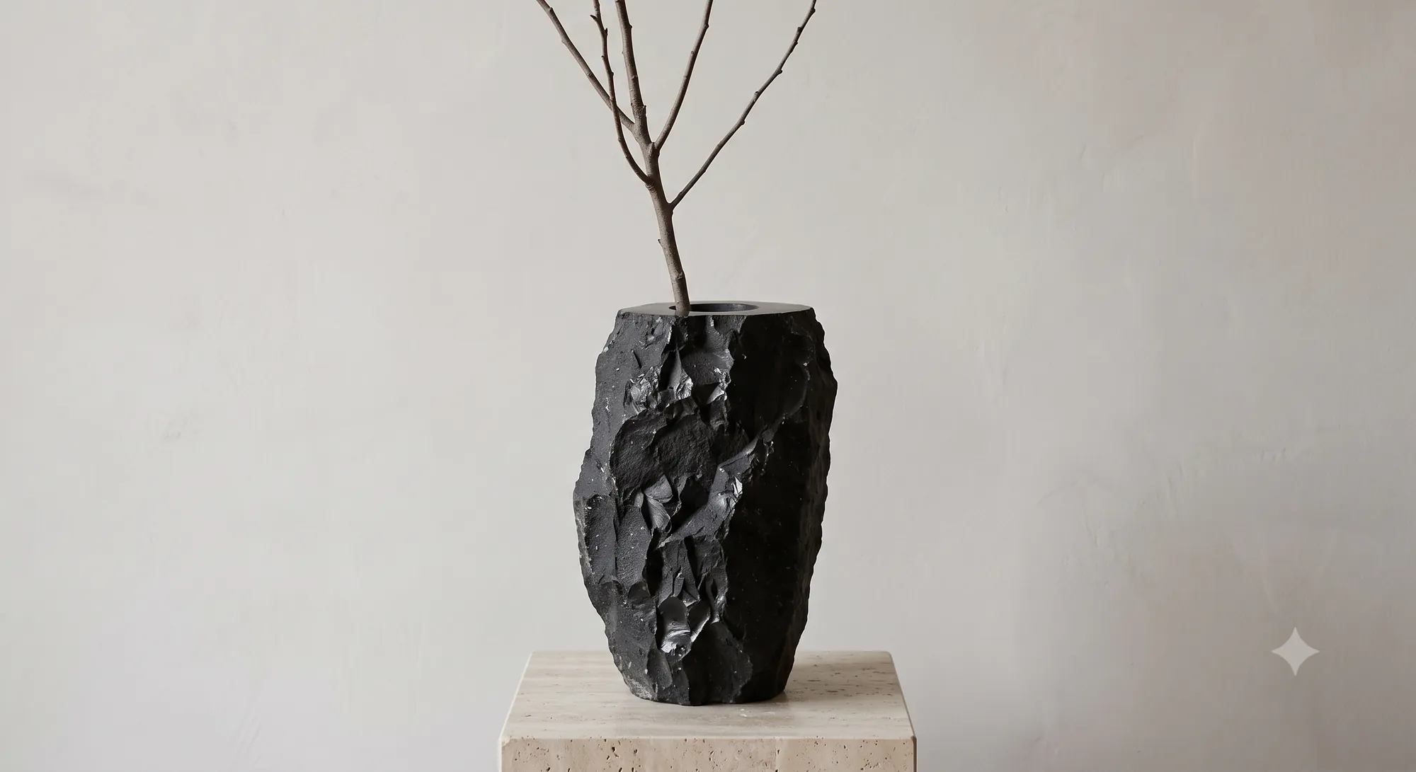 Basalt Sculpture Vessel N° 07 in Fractured Etna Basalt